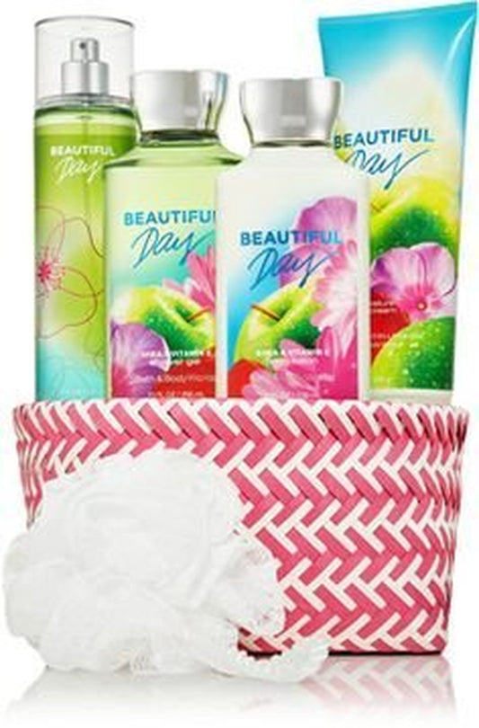 Bath and Body Works Signature Collection" Beautiful Day" Fragrance Mist ~ Body Lotion ~ Shower Gel ~ Triple Moisture Body Cream & Shower Sponge Gift Basket