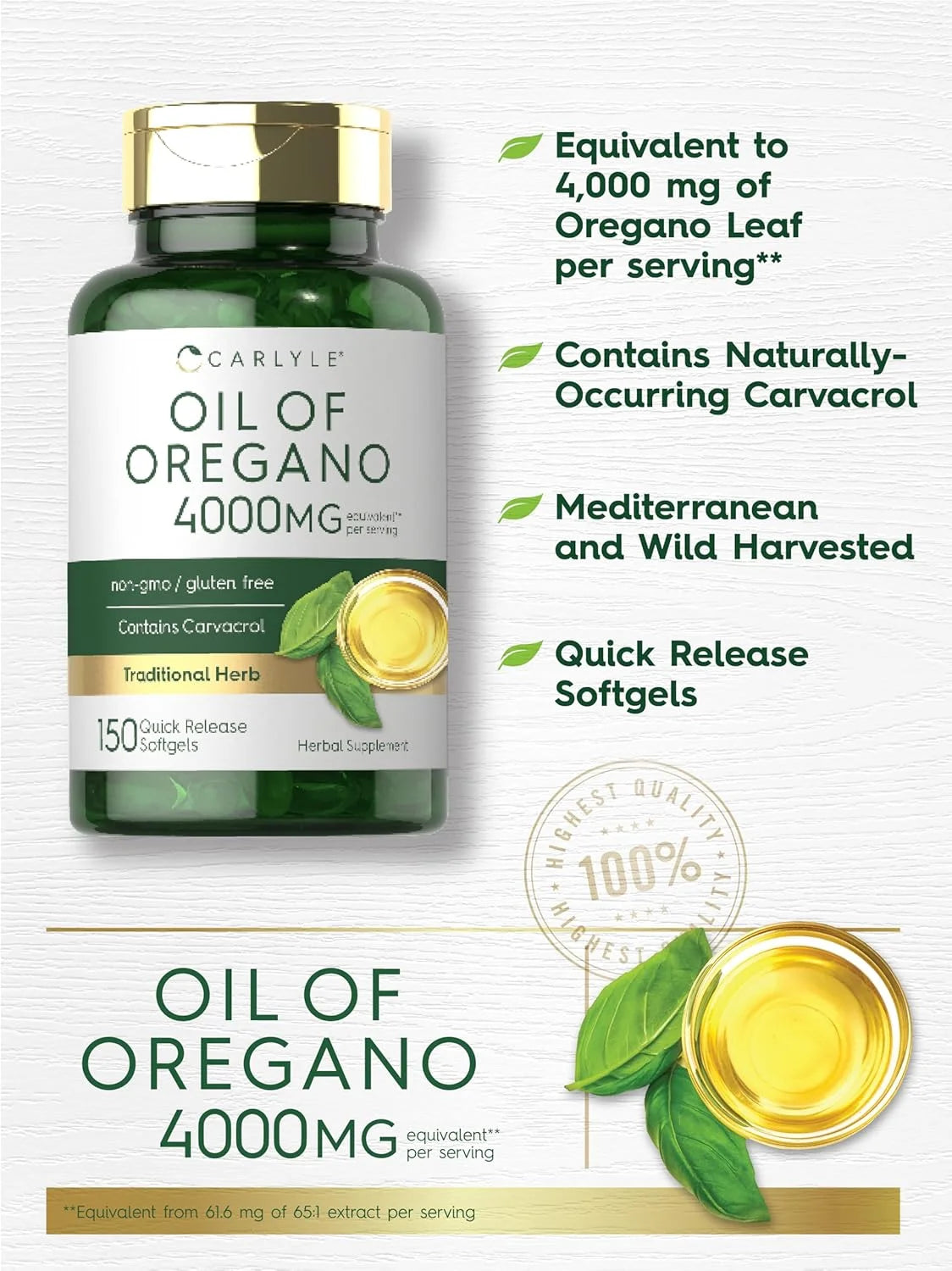 Oregano Oil Capsules | 4000 Mg | 150 Softgels for Men and Women | by