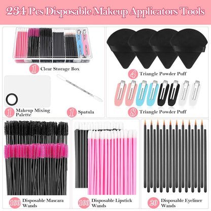 Disposable Makeup Applicators Kit with Triangle Puff Mixing Palette, Artist Supplies Disposable Mascara Wands, Lip Brushes, Hair Clips Powder Puffs for Face with Storage Box