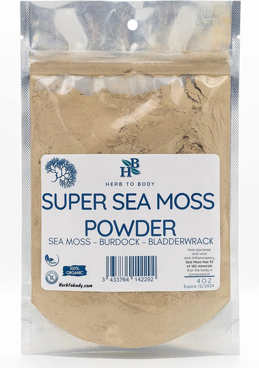 Super Sea Moss Powder - with Bladderwrack and Burdock Root - Vegan - Gluten Free - 4Oz