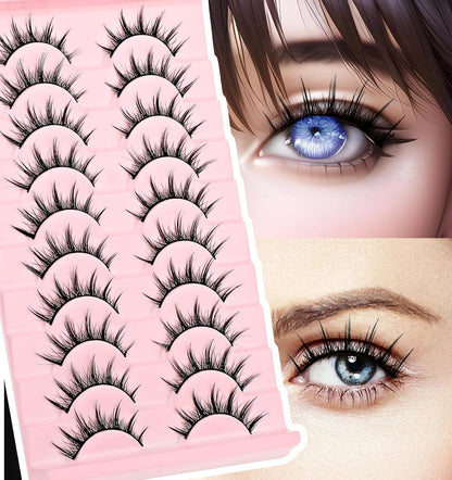 Manhua Lashes, Natural Anime Lashes Fairy 10 Pairs Spiky Manhua Lashes Anime Strip Lashes Faux Mink Lashes Wispy Korean Japanese Manga Lashes Look like Individual Cluster