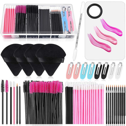 Disposable Makeup Applicators Kit with Triangle Puff Mixing Palette, Artist Supplies Disposable Mascara Wands, Lip Brushes, Hair Clips Powder Puffs for Face with Storage Box