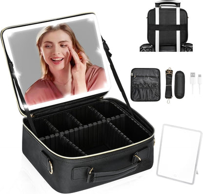 Travel Makeup Bag with Led Mirror and Portable Makeup Train Case Led Bags with Mirror Organizer Bag Travel Gifts for Her Women Bestie Black