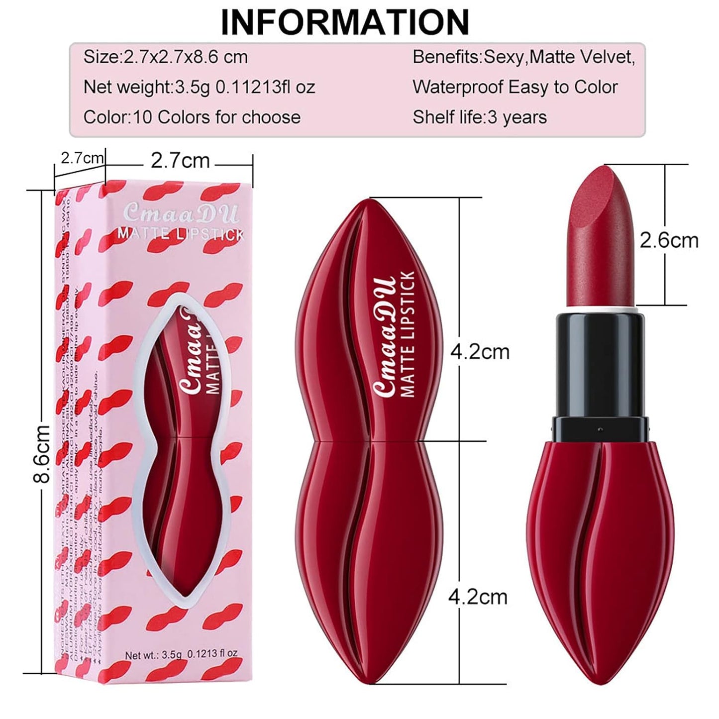 Matte Red Lipstick for Women, Moisturizing Velvet Lipsticks, Long Lasting Smudge-Proof Lip Stick, Light Bright Labiales Matte Lipstick Lip Stain High Pigmented Dark Makeup Lip Gloss (#01)